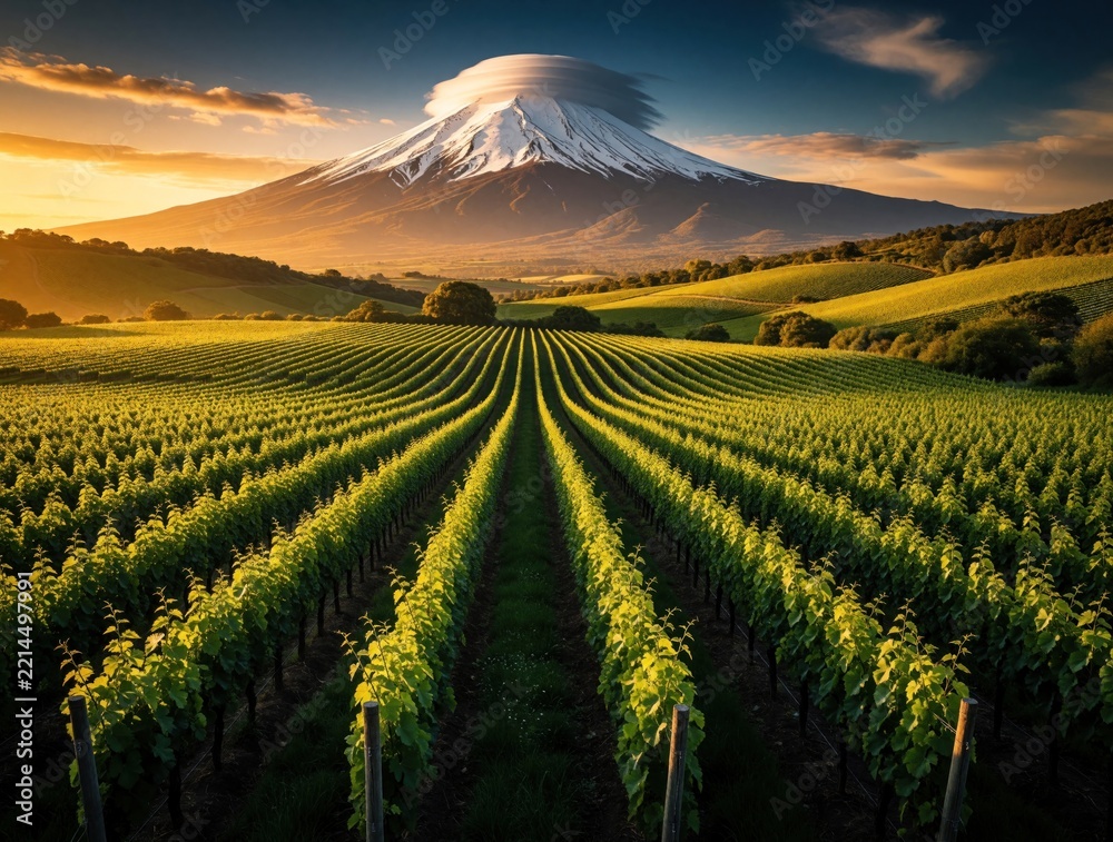 Naklejka premium Green vineyard rows lead toward massive snow covered volcano under golden sunset light. Rich grape plantation stretches across hills in rural landscape. Scenic mountain view with white clouds above