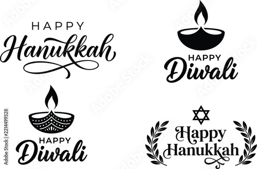 black and white festive calligraphy for Happy Diwali and Hanukkah greetings