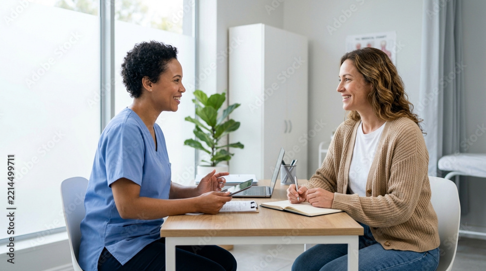 Fototapeta premium Doctor consults with patient, smiling and taking notes during appointment