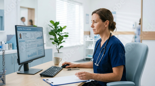 Doctor Working on Computer in Hospital Office, Digital Health Records