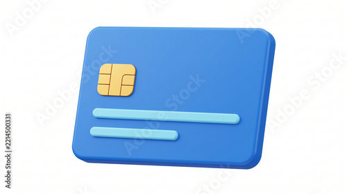3D Blue Credit Card Icon with Yellow Chip Isolated on White
