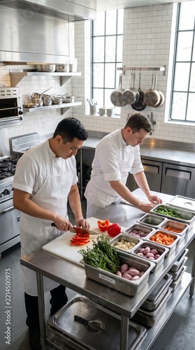 Two male chefs preparing vegetables in restaurant commercial kitchen. Vertical photo of professional cooks slicing red peppers with fresh mise en place ingredients
