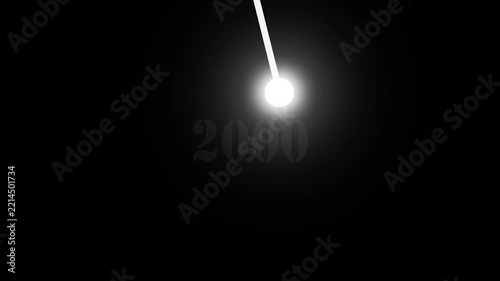 A luminous white orb on a thin white string is centered against a black background with the year 2000 softly appearing in gray text beneath. 4k video animation
