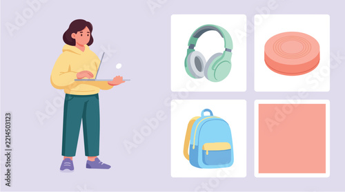 Student Using Digital Tablet with Educational Accessories Flat Illustration