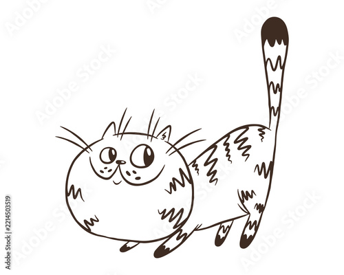 Funny round striped cat standing with high tail vector illustration