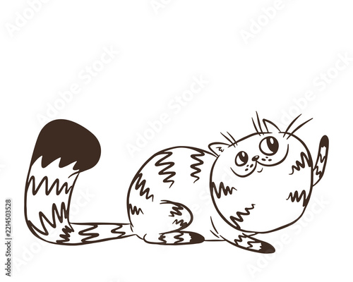 Cute fat striped cat sitting and waving paw vector illustration