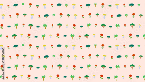 Stylized pattern of trees, palm trees, and flowers