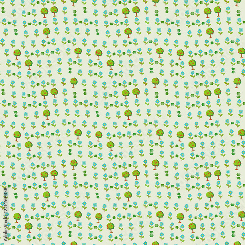 Stylized trees and blue flowers pattern