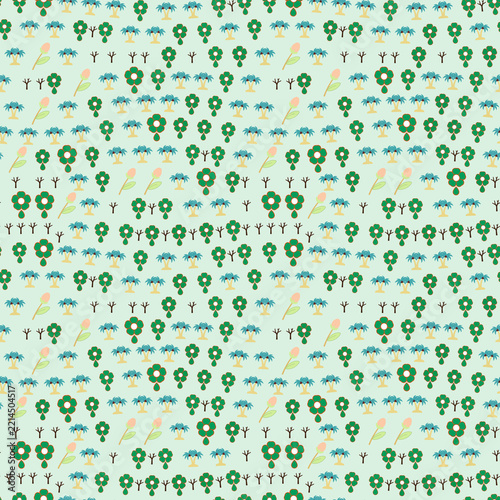 Stylized trees and flowers seamless pattern