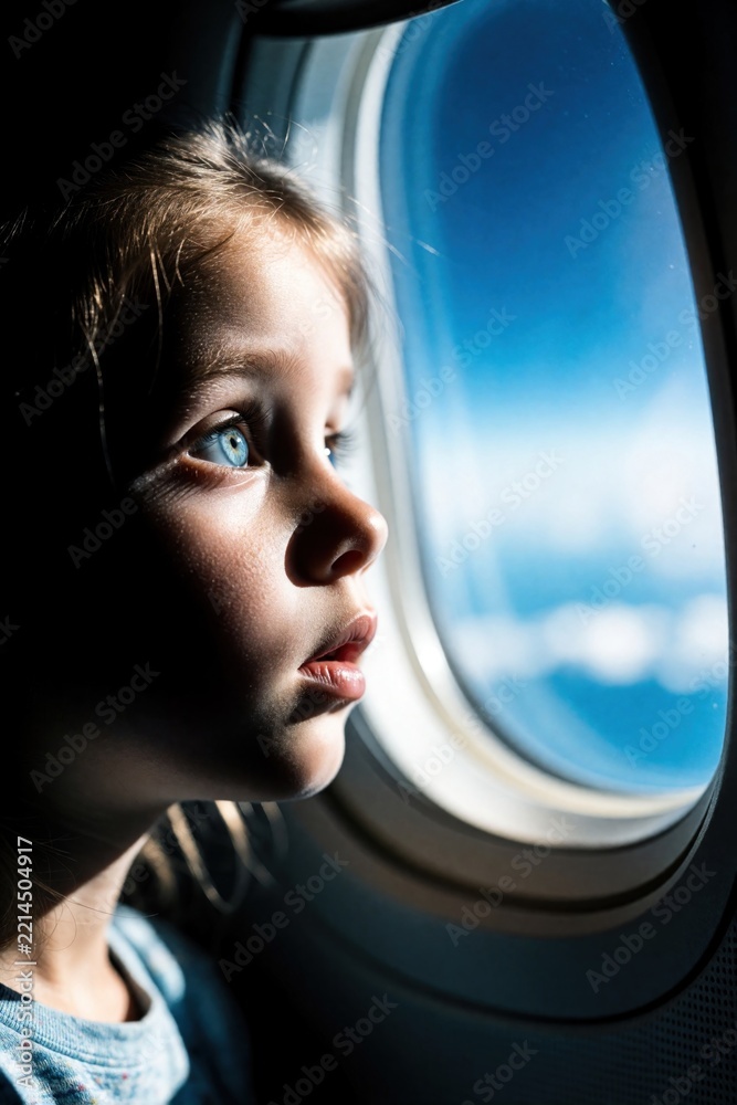Fototapeta premium Young girl looks out airplane window during flight. Curious child watches blue sky, white clouds from plane cabin. Close up profile of female passenger dreaming about travel adventure, holiday trip