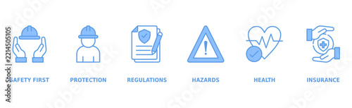 Work Safety Banner Web Icon Vector Illustration Concept with Icons of Safety First, Protection, Regulations, Hazards, Health, and Insurance