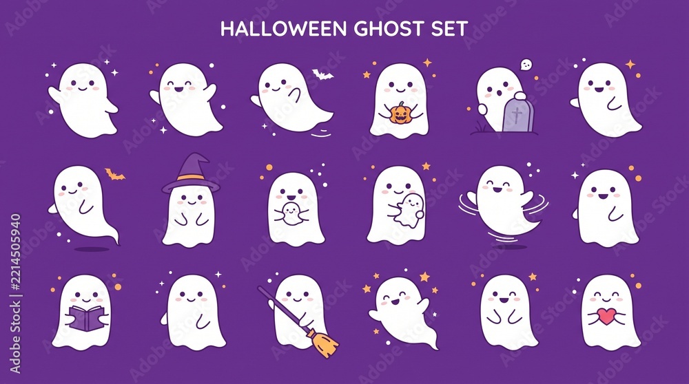 Obraz premium Halloween ghost icons set on purple background. Halloween ghost set illustration.