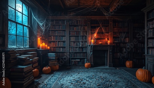 Spooky library interior decorated for halloween with glowing pumpkins, flickering candles, dusty bookshelves, hanging cobwebs, dark wooden furniture, moonlight shining through window, eerie atmosphere