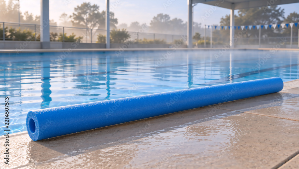 Fototapeta premium Blue foam pool noodle on the wet edge of an outdoor swimming pool. Swim training equipment by clear blue water in the morning