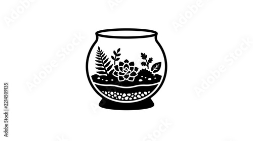Terrarium with plants in a glass bowl illustration.