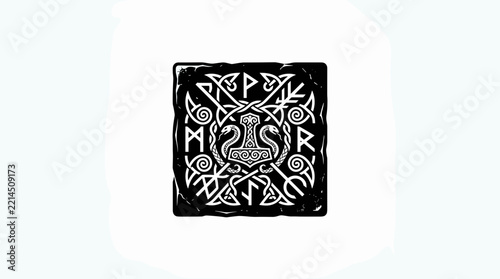 Thor Hammer Symbol with Norse Runes and Celtic Knots.