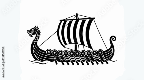 Viking Ship Illustration Black and White.