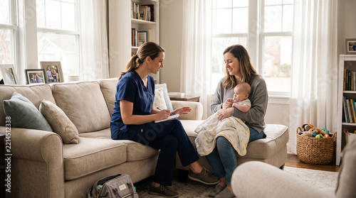 Happy mother discussing infant care with pediatric nurse in living room, feeling calm and confident during home health consultation