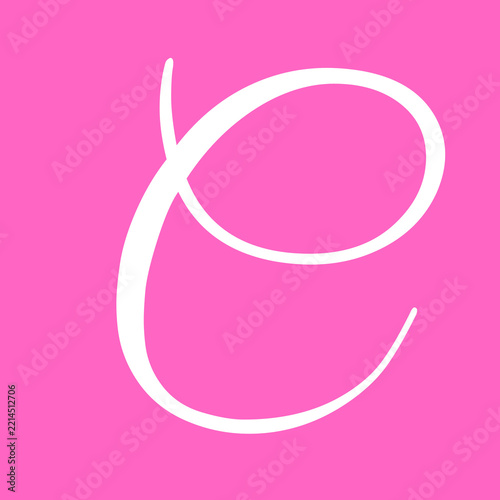 Elegant lowercase letter e rendered in sleek white script typography against a vibrant solid magenta pink colored square background texture
