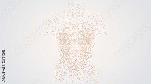Human torso form particle cloud abstract structure showing calm meditation and ethereal energy digital art concept on white background