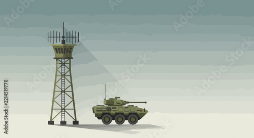 Pixel art military scene with armored vehicle and observation tower illustration