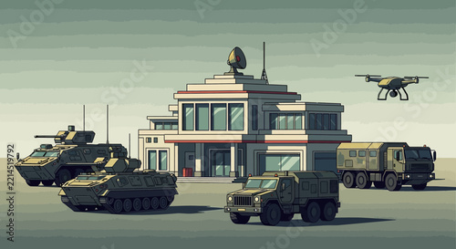 Pixel art military base with vehicles and drone.