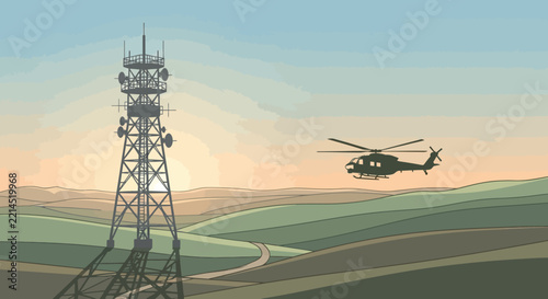 Silhouette helicopter flying past communication tower at sunset