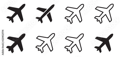 Commercial airplane icon set in outline and solid silhouette vector for airport signs and travel maps.