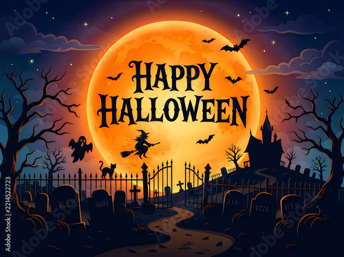 Festive halloween night scene with a large orange moon and spooky silhouettes