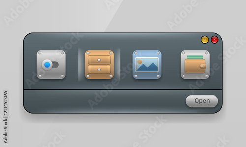 Dark skeuomorphic app launcher window UI mockup with application icons and open button