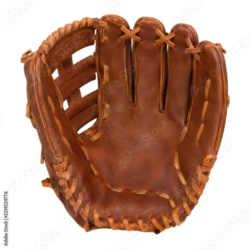 Classic brown leather baseball glove isolated on a white background for sports equipment design