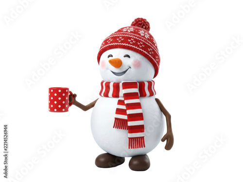 Cheerful Snowman With Red Hat And Striped Scarf Holding Mug.