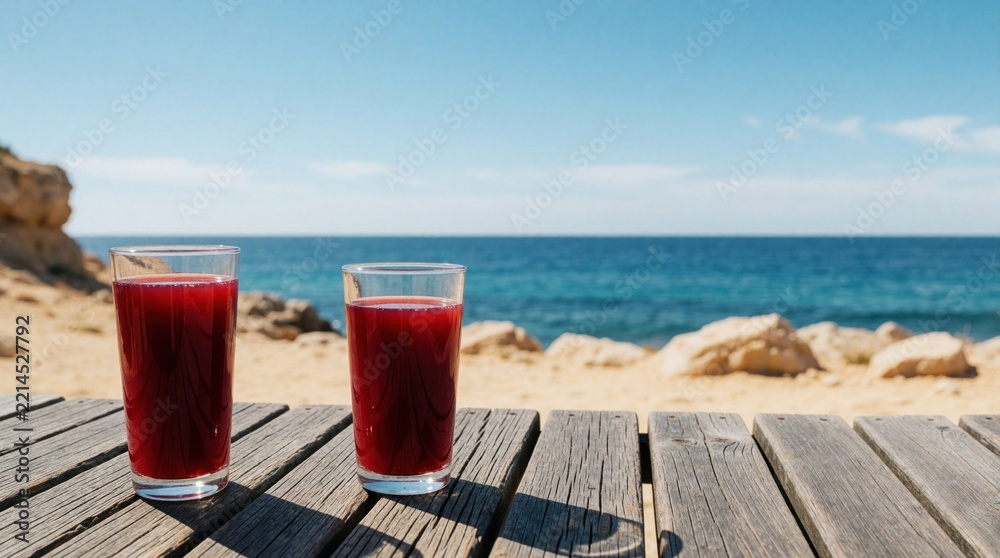 Fototapeta premium Two glasses of cold red juice stand on rustic wooden table. Refreshing berry drink with condensation sits on sea terrace. Blue ocean, sunny beach view in background. Summer vacation lifestyle with