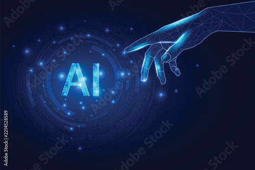 Futuristic glowing digital hand reaching out to touch AI text and tech interface elements on a blue background. Conceptual illustration of artificial intelligence, and modern technology solutions.