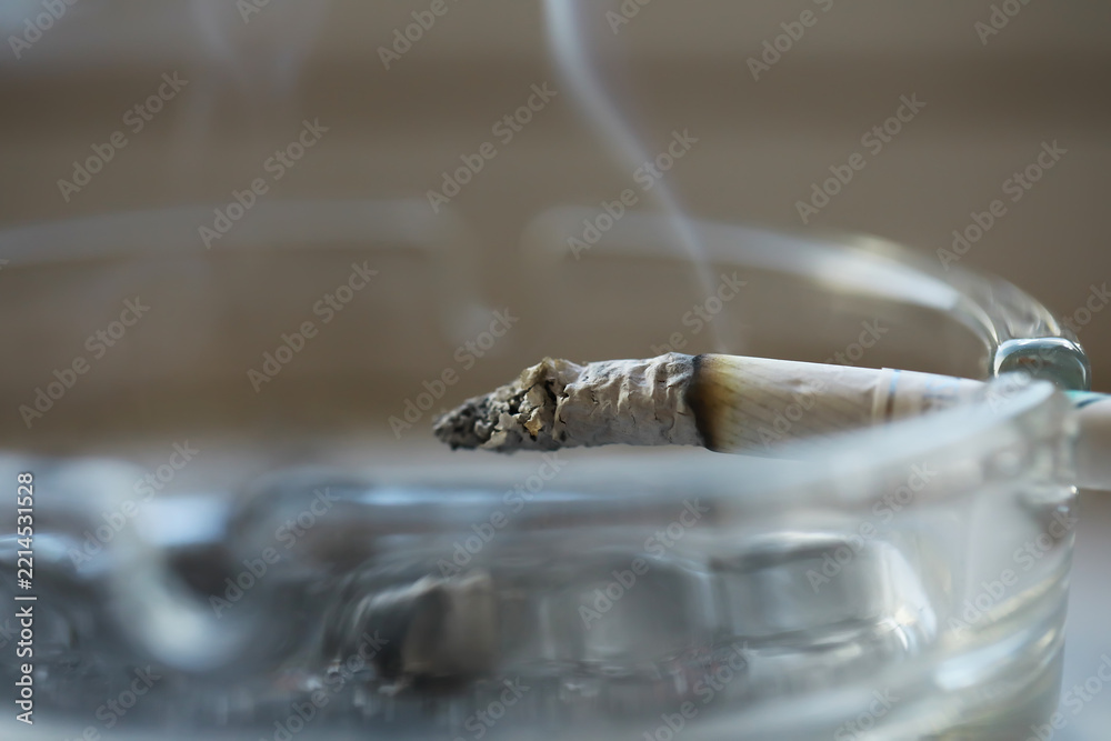Fototapeta premium Smoking Addiction Concept: Burning Cigarette in an Ashtray with Rising Smoke Indoors