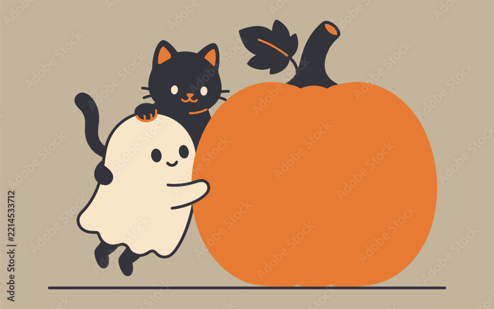 Fototapeta premium A playful ghost and black cat stand beside a large orange pumpkin on a beige background autumn halloween feline spooky festive seasonal