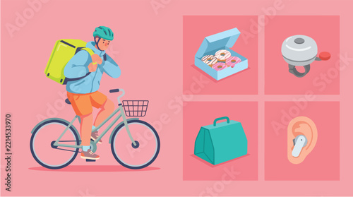 Delivery Person Riding Bike with Insulated Bag and Box