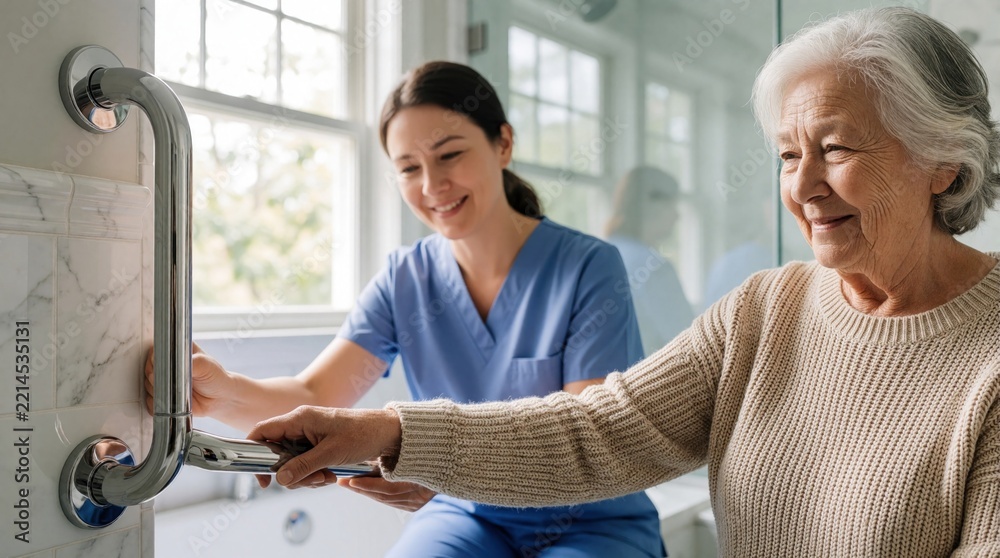 Fototapeta premium Occupational therapist installs chrome grab bar in senior bathroom for home safety. Elderly woman watches pro assist with mobility aid installation. Specialist performs home modification to improve