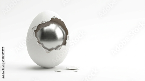 Conceptual image of a broken delicate white egg revealing a solid steel core inside, symbolizing hidden inner strength, resilience, and security, isolated on white