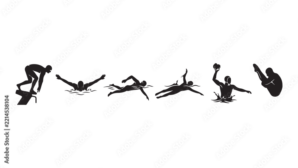 Obraz premium Competitive Swimmer Silhouettes and Aquatic Athletes Vector Design and Illustration with Pool Racing and Diving Positions Collection