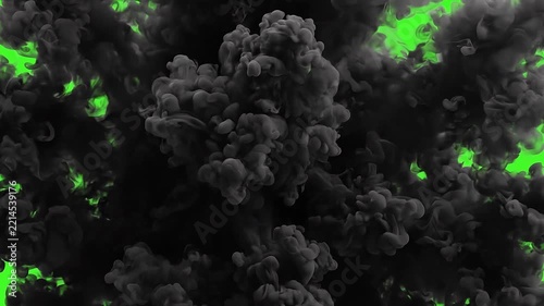 A thick black smoke cloud billowing and expanding across a solid green screen background, perfect for VFX transitions, disaster, and special effects.