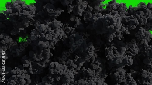 A thick black smoke cloud billowing and expanding across a solid green screen background, perfect for VFX transitions, disaster, and special effects.