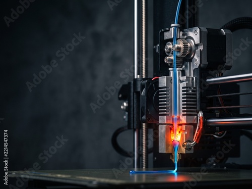 3D Printer Extruder Head Printing Glowing Blue Material