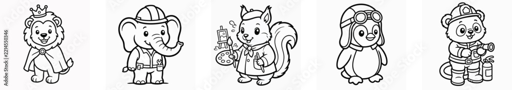 Fototapeta premium Cute cartoon animals with various professions for coloring book