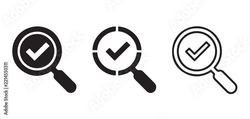 Search verification magnifying glass icons set featuring check marks for validating web interface data entries.