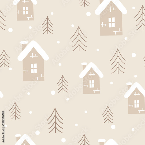 Seamless Pattern with winter scene trees and houses