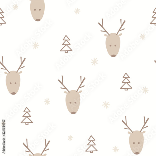 Seamless Christmas pattern with reindeer, snowflakes, and Christmas trees
