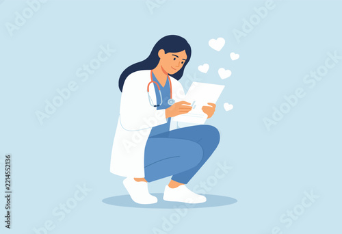Young Woman Reading a Love Letter with Hearts Around Her