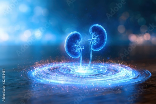 Blue glowing kidneys float above a radiant circular platform