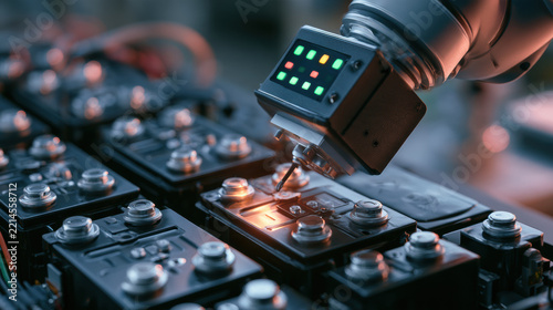 Robotic arm assembling circuit boards on automated production line. New technologies in smart manufacturing. Robotics and industrial automation. Electronics engineering and precision